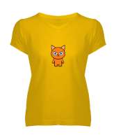 SİNİRLİ KEDİ Sarı Kadın V Yaka Tişört - Tisho