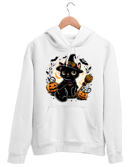 Tisho - Şirin Cadı Kara Kedi Beyaz Unisex Kapşonlu Sweatshirt