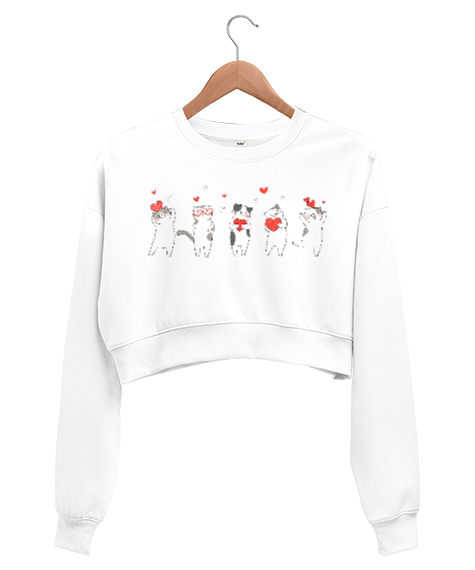 Tisho - Şirin Kediler Beyaz Kadın Crop Sweatshirt