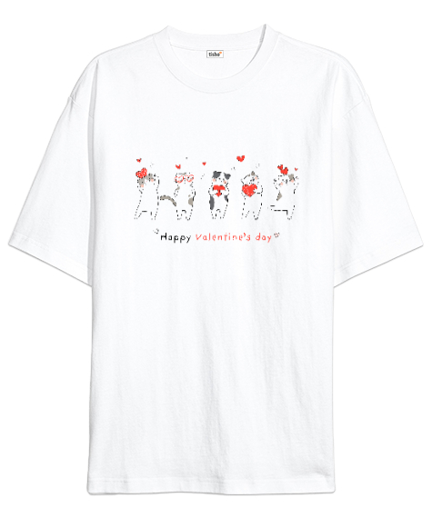 Tisho - Şirin Kediler - Sevgililer Günü Beyaz Oversize Unisex Tişört