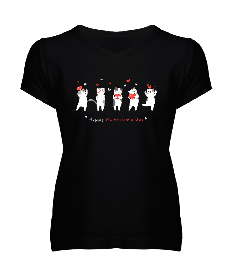 Tisho - Şirin Kediler - Sevgililer Günü Siyah Kadın V Yaka Tişört