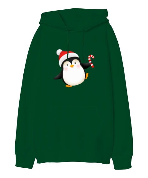Tisho - şirin penguen Çimen Yeşili Oversize Unisex Kapüşonlu Sweatshirt