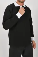 Siyah Çift Renkli Kışlık Polo Yaka Sweatshirt Beyaz Yakalı Siyah
