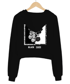 Siyah Gül Kadın Crop Hoodie Kapüşonlu Sweatshirt - Thumbnail