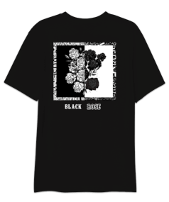 Siyah Gül Oversize Unisex Tişört - Thumbnail