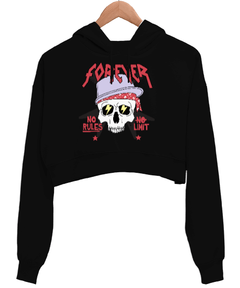 Tisho - Siyah Kadın Crop Metal Detaylı Sweatshirt Kadın Crop Hoodie Kapüşonlu Sweatshirt