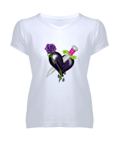 Siyah kalp Kadın V Yaka Tişört - Tisho