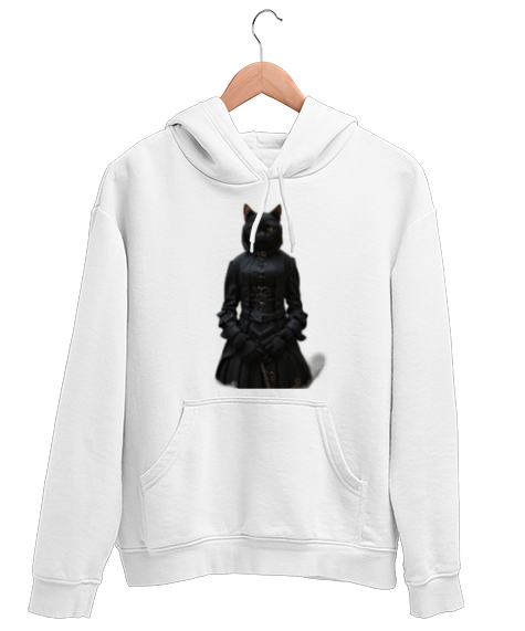 Tisho - Siyah Kedi Beyaz Unisex Kapşonlu Sweatshirt