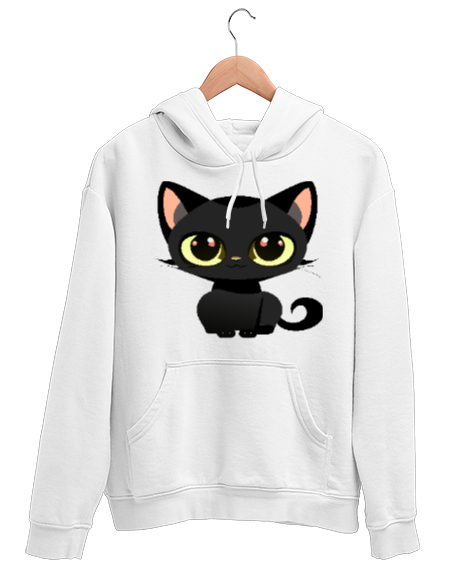 Tisho - Siyah Kedi Yavrusu Anime Beyaz Unisex Kapşonlu Sweatshirt