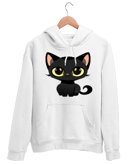 Tisho - Siyah Kedi Yavrusu Beyaz Unisex Kapşonlu Sweatshirt
