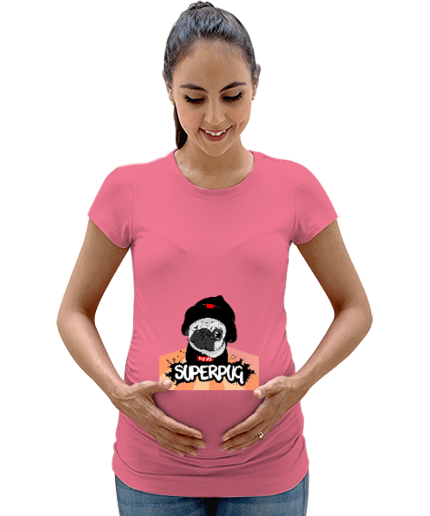Tisho - Siyah şapkalı sevimli köpek baskılı Pembe Kadın Hamile Tişört