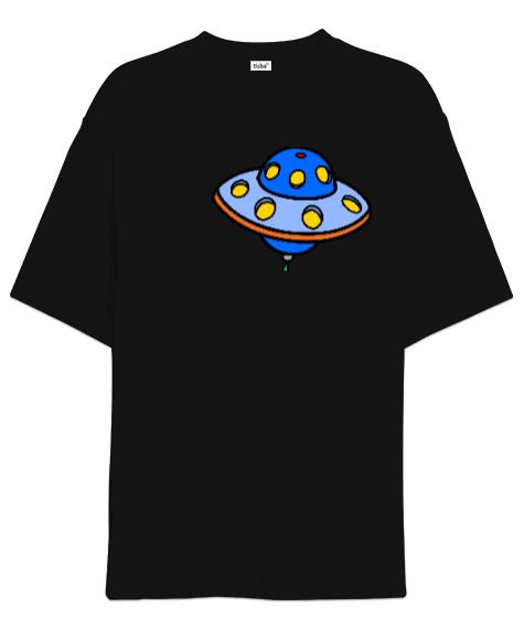 Siyah Ufo Desenli Oversize Unisex T-shirt Oversize Unisex Tişört