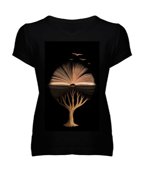 Tisho - Siyah v yaka ağaç anlamlı Kadın V Yaka Tişört