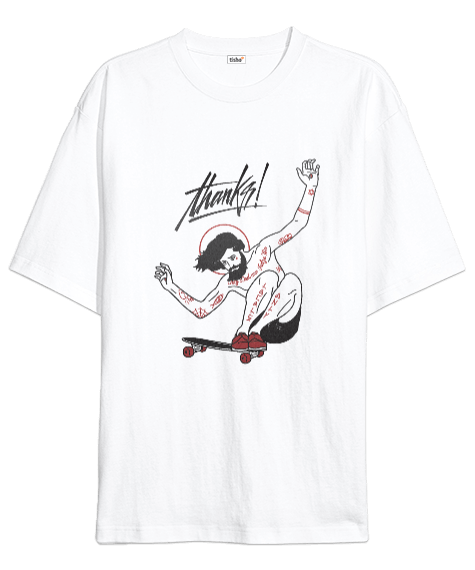 Tisho - Skateboard With Thanks Kaykay cool boy baskılı Oversize Unisex Tişört