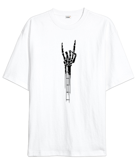 Tisho - Skeleton Hand Guitar - Rock And Roll - İsklet El Beyaz Oversize Unisex Tişört