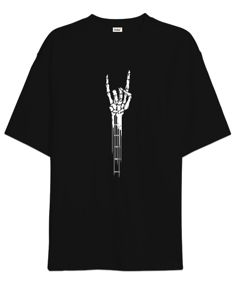 Tisho - Skeleton Hand Guitar - Rock And Roll - İsklet El Siyah Oversize Unisex Tişört
