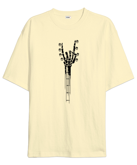 Tisho - Skeleton Hand Guitar - Rock And Roll - İsklet El V2 Krem Oversize Unisex Tişört