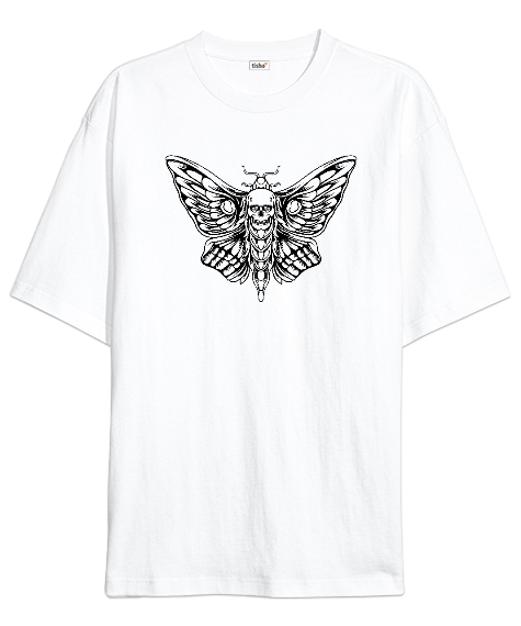 Tisho - Skull Butterfly - İskelet kelebek Beyaz Oversize Unisex Tişört