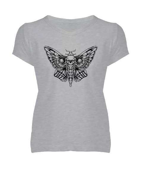 Tisho - Skull Butterfly - İskelet kelebek Gri Kadın V Yaka Tişört