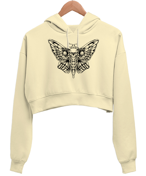 Tisho - Skull Butterfly - İskelet kelebek Krem Kadın Crop Hoodie Kapüşonlu Sweatshirt