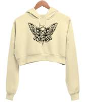 Skull Butterfly - İskelet kelebek Krem Kadın Crop Hoodie Kapüşonlu Sweatshirt - Tisho
