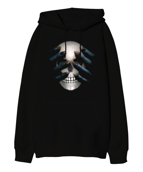 Tisho - Skull - Kafatası Blu Siyah Oversize Unisex Kapüşonlu Sweatshirt