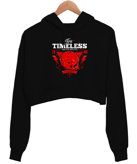 Tisho - Skull True Timeless - Kafatası, İskelet Siyah Kadın Crop Hoodie Kapüşonlu Sweatshirt