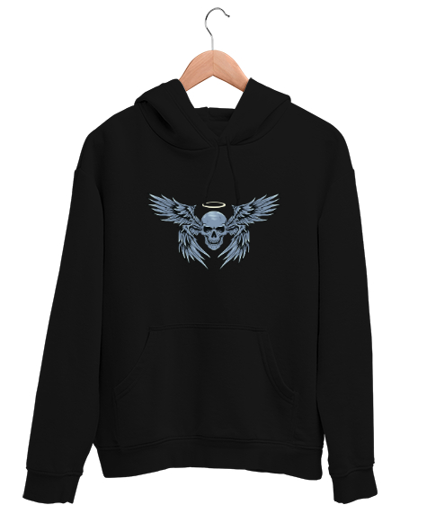 Tisho - Skull Wings - Kanatlı Kurukafa Siyah Unisex Kapşonlu Sweatshirt