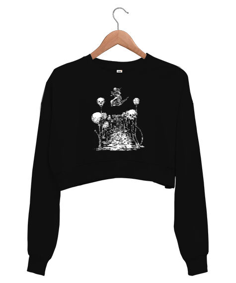 Tisho - Skulls Siyah Kadın Crop Sweatshirt