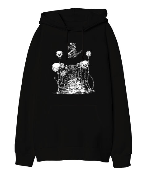 Tisho - Skulls Siyah Oversize Unisex Kapüşonlu Sweatshirt