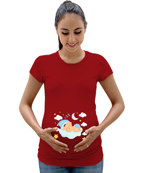 Tisho - Sleeping Baby - Uyuyan Bebek V2 Kırmızı Kadın Hamile Tişört