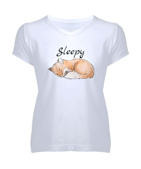 Tisho - Sleepy Tilki Baskılı Kadın V Yaka Tişört