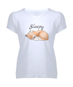 Sleepy Tilki Baskılı Kadın V Yaka Tişört - Tisho