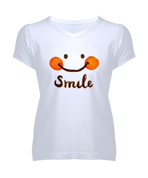 Tisho - Smile - Gülümse Beyaz Kadın V Yaka Tişört