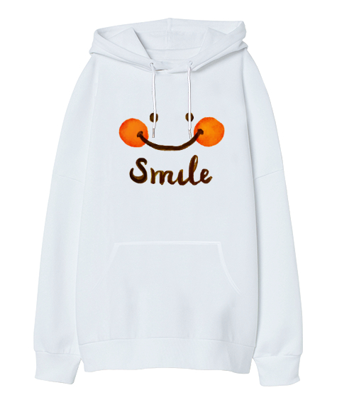 Tisho - Smile - Gülümse Beyaz Oversize Unisex Kapüşonlu Sweatshirt