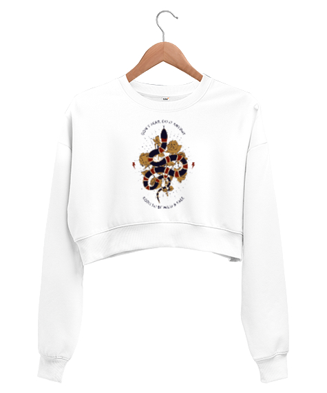 Tisho - Snake - Yılan ve Güller Beyaz Kadın Crop Sweatshirt