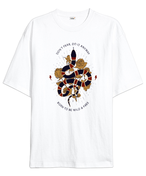 Tisho - Snake - Yılan ve Güller Beyaz Oversize Unisex Tişört