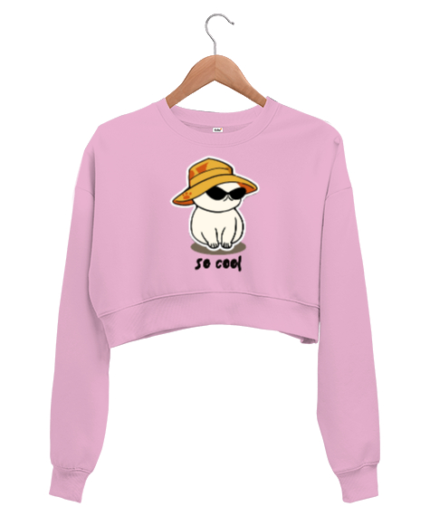 Tisho - So Cool cat Pembe Kadın Crop Sweatshirt