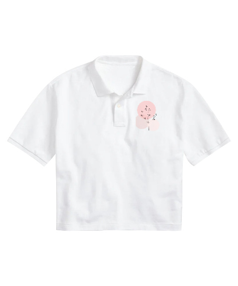 Tisho - Soft Çiçek Beyaz Kadın Crop Polo Yaka Tişört