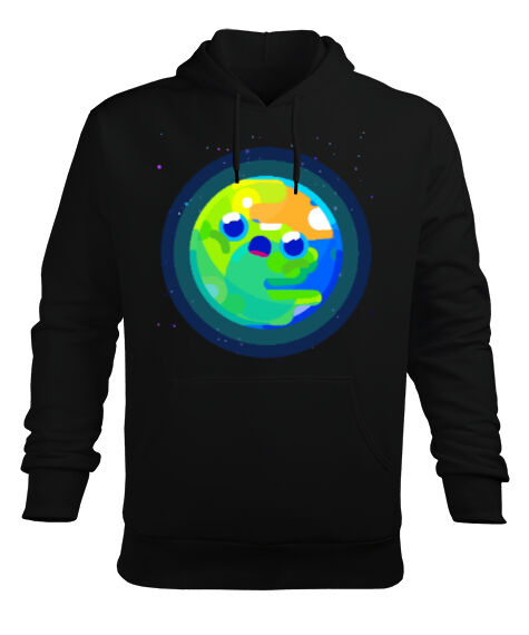 Tisho - Şok Dünya Uzay Gezegen Tasarım Baskılı Siyah Erkek Kapüşonlu Hoodie Sweatshirt