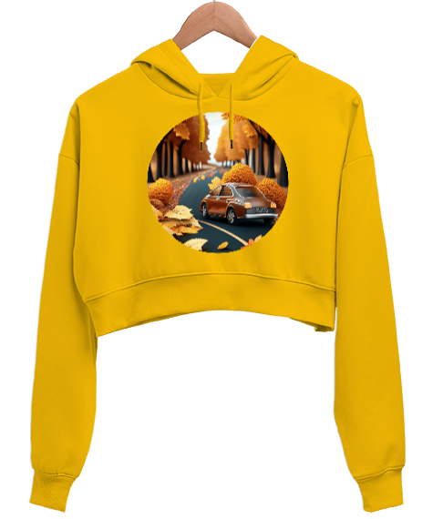 Tisho - Sonbahar Mevsimi Sarı Kadın Crop Hoodie Kapüşonlu Sweatshirt