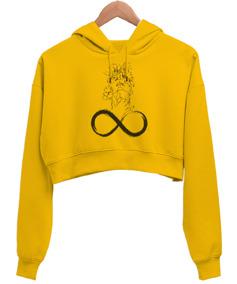 Tisho - Sonsuzluk İşareti ve Yazı Baskılı Sarı Kadın Crop Hoodie Kapüşonlu Sweatshirt