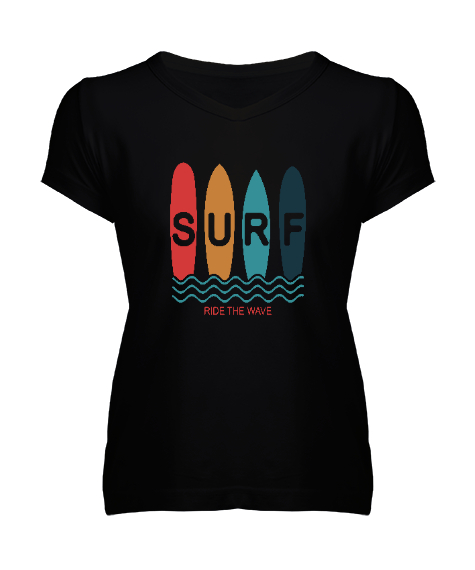 Tisho - Sörf ve Dalgalar Siyah Kadın V Yaka Tişört