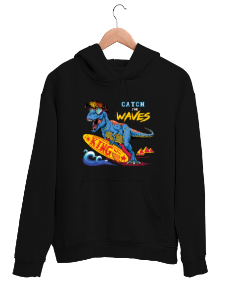 Tisho - Sörf Yapan Dinazor Siyah Unisex Kapşonlu Sweatshirt