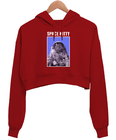 Tisho - Space Kitty Kırmızı Kadın Crop Hoodie Kapüşonlu Sweatshirt