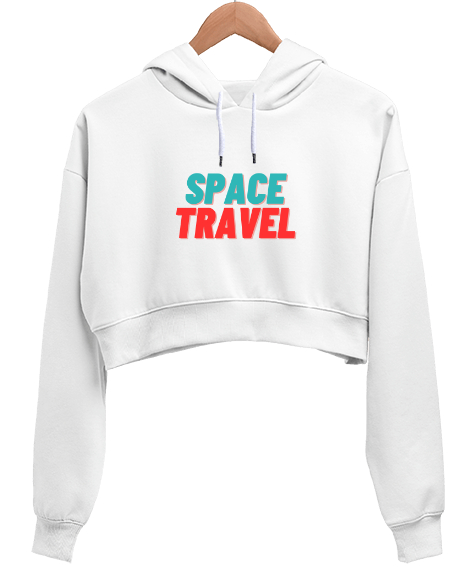 Tisho - Space Travel Baskılı Beyaz Kadın Crop Hoodie Kapüşonlu Sweatshirt
