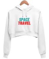 Space Travel Baskılı Beyaz Kadın Crop Hoodie Kapüşonlu Sweatshirt - Thumbnail