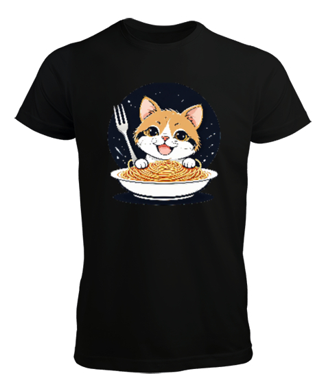 Tisho - Spagetti Yiyen Kedi Komik Siyah Erkek Tişört