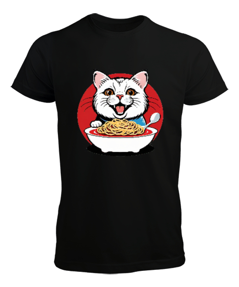 Tisho - Spagetti Yiyen Kedi Komik Siyah Erkek Tişört