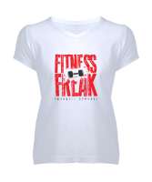 Spor Düşkünü - Fitness Freak Beyaz Kadın V Yaka Tişört - Tisho